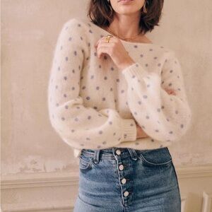Sezane cream & blue polka dot sweater open back tie